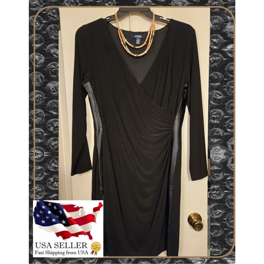 Chaps Elegant Little Black Dress LBD Faux Leather Waist Insets Long Sleeve - XL